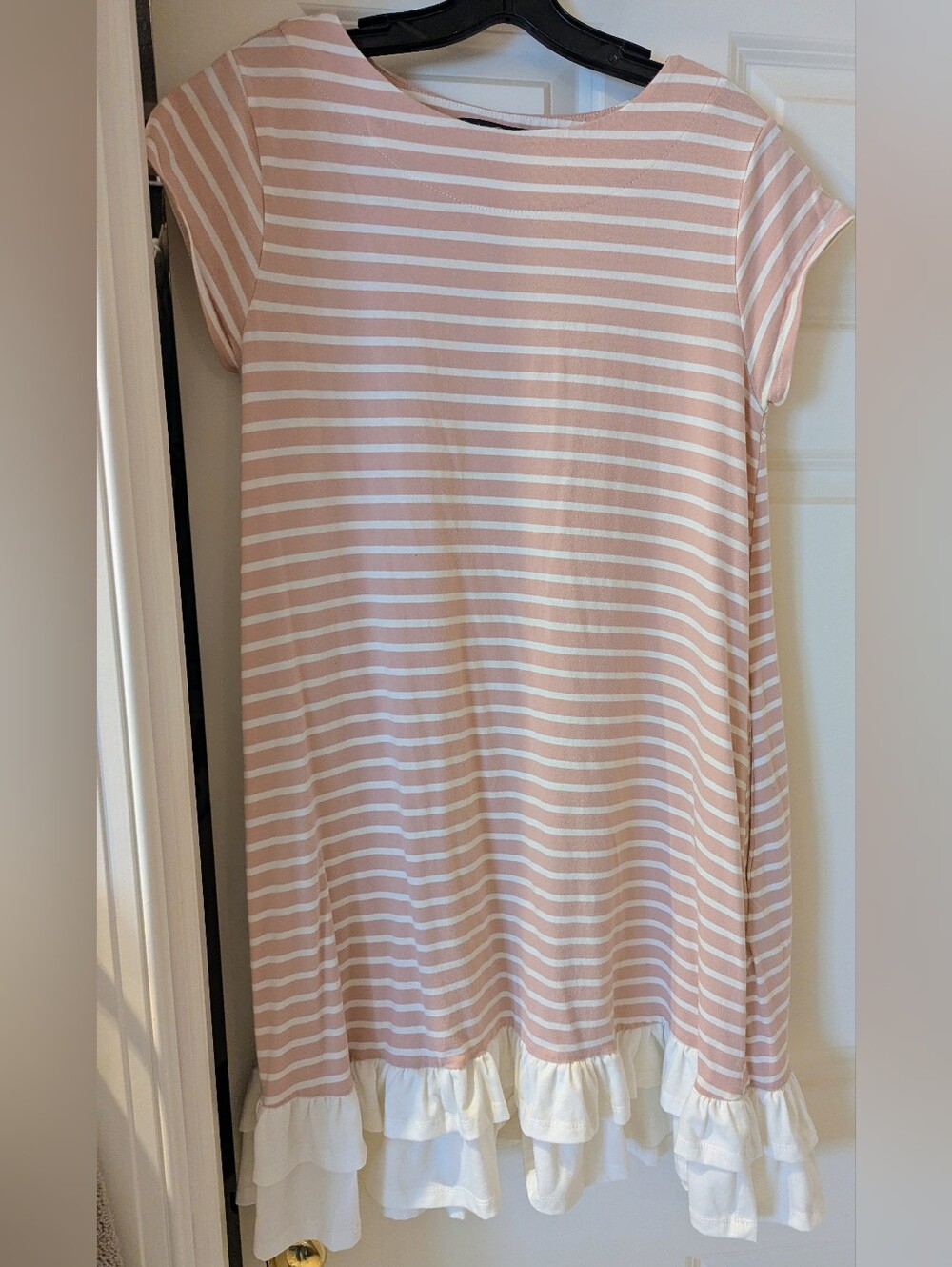 Suzanne Betro Pink and White Striped Ruffle-Hem Casual Dress